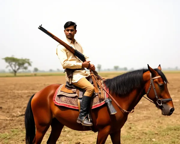 Chandrashekhar Azad Rides Horse with Rifle in Rural Landscape