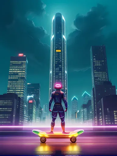 Chara in Futuristic City with Neon Lights and Skyscrapers