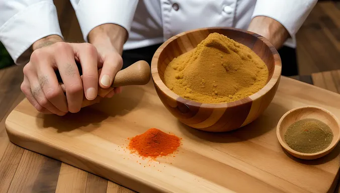 Chef's Hands Holding Pestle and Mortar with Spices