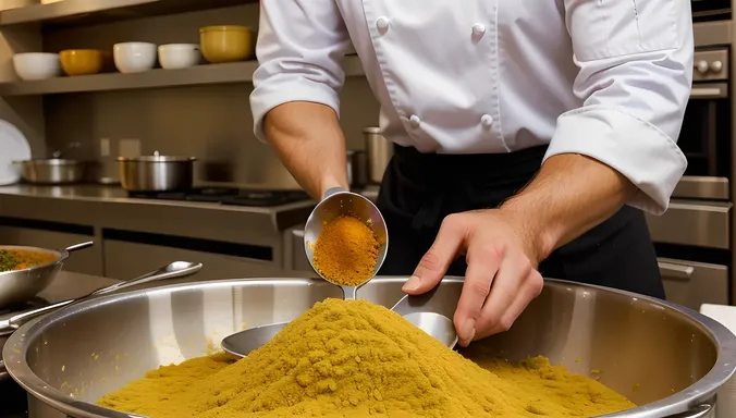 Chef Grinding Spices with Large Wooden Pestle