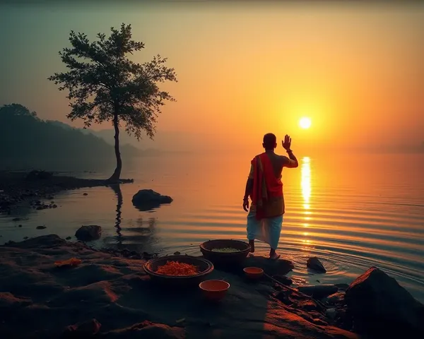 Chhath Puja Setting: Serene Devotee Offers Prayers to Sunset
