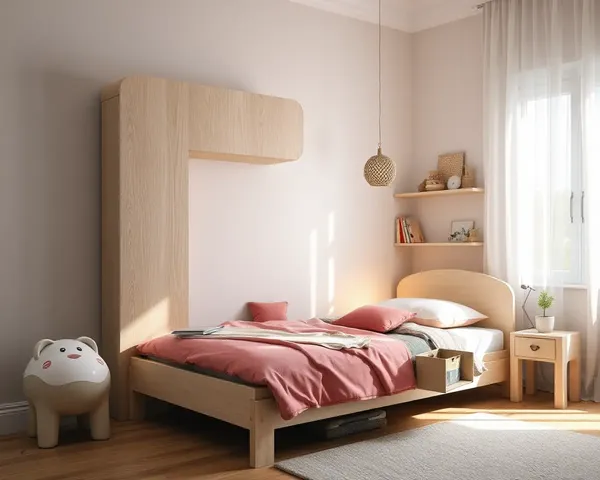 Child's Bedroom with C-Shaped Bed Frame on Colorful Wallpaper