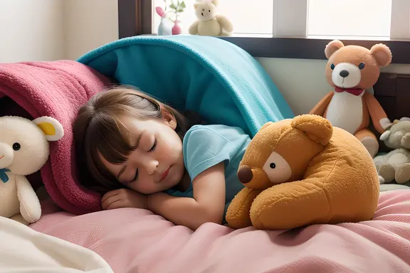Child's soft sleep amidst toys and blankets zzzzzz.