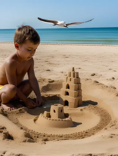 Child Builds Sandcastle on a Sunny Beach