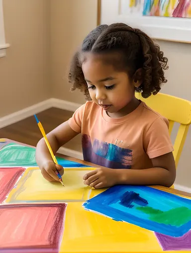 Child Creates Art with Crayons and Markers