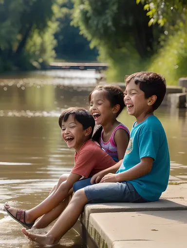 Children Play Along Putna Riverbank