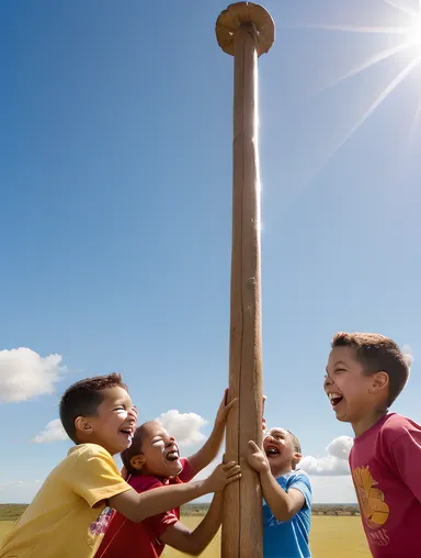 Children Play Around Karaga Pole in Bright Blue Sky