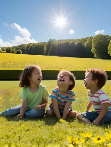 Children Play Together in a Bright Green Meadow