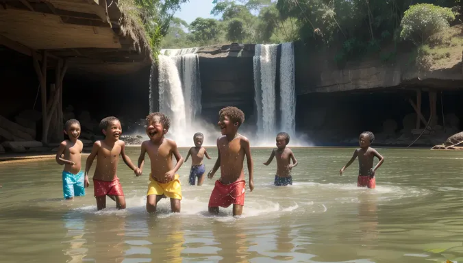 Children Play at Kambi Waterfall