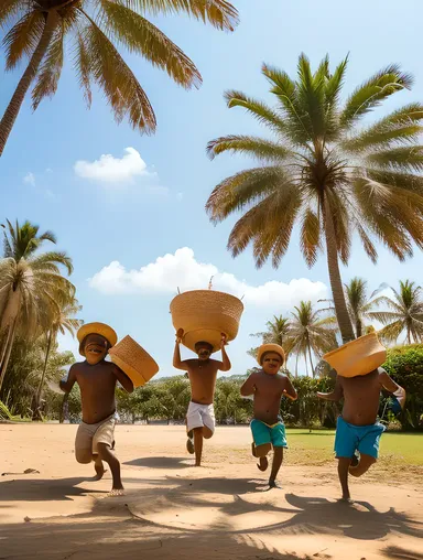 Children Playing in Coconut Grove with Copra Baskets