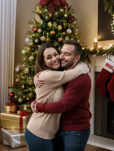 Christmas Hug for Heartwarming Couple Moment
