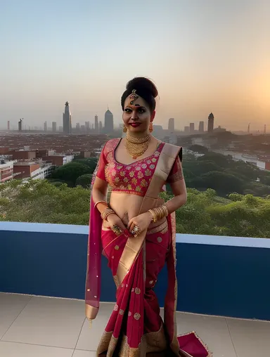 City Skyline Glamour: Beauty Aunty in Traditional Attire