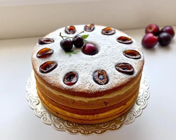 Classic French Plum Cake with Powdered Sugar and Silver Stand