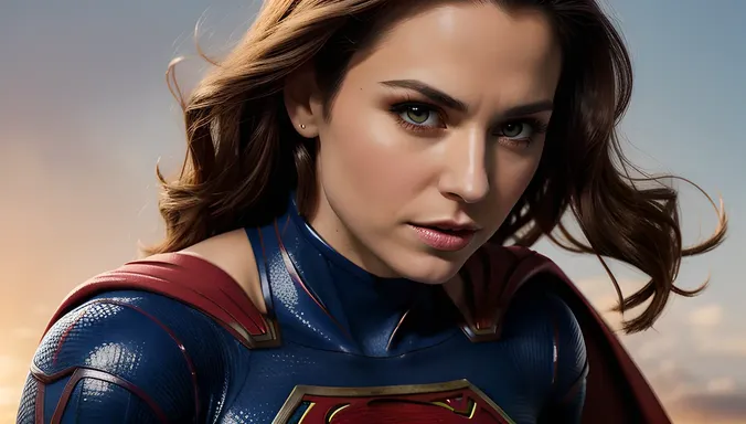 Close-Up Portrait of Fierce Supergirl with Red and Blue Costume