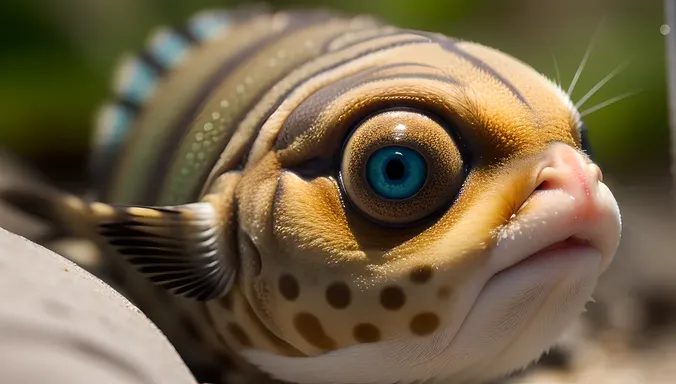 Close-Up Puffer Fish Face with Puffed-Out Body