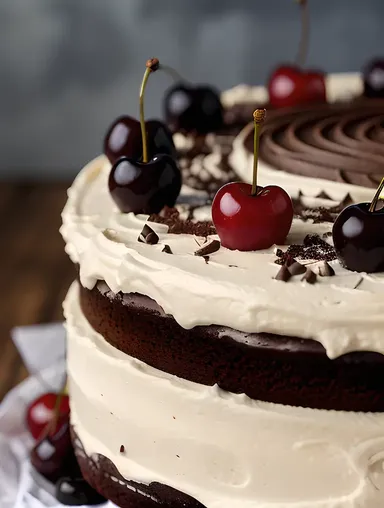Close-Up Shot of Black Forest Cake with Chocolate Curls
