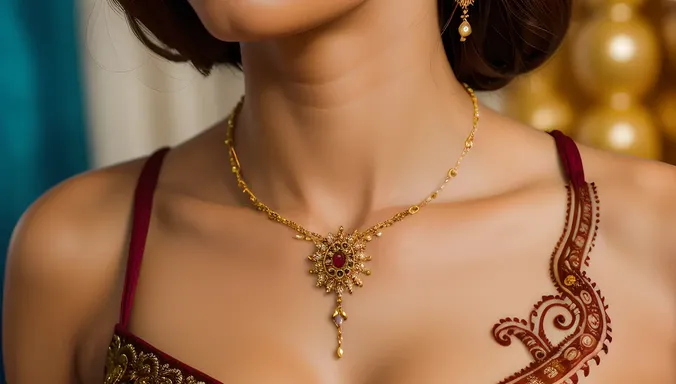 Close-Up of Bride's Henna Design and Golden Necklace