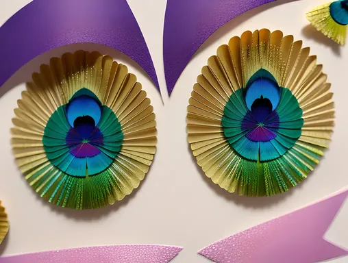 Close-Up of Iridescent Paper Peacock Feathers in Pink, Purple, and Gold