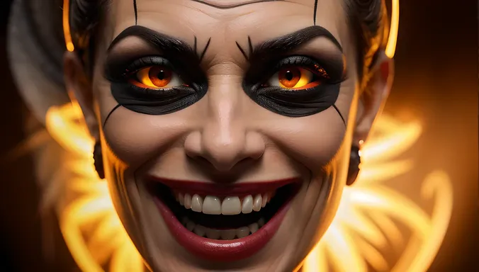 Close-Up of Saitan's Glowing Red Eyes and Wicked Grin