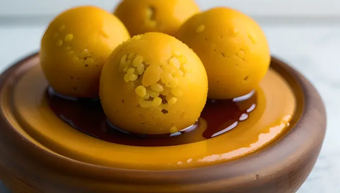 Close-Up of Single Laddu with Golden Syrup