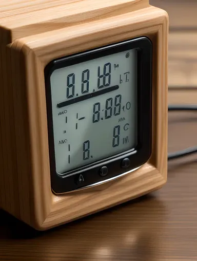 Close-up of Modern Digital Hygrometer on Wooden Desk
