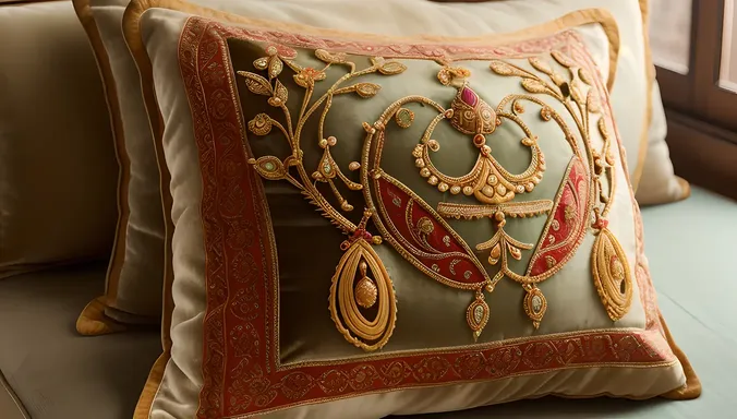 Close-up of Saraswati Veena with Intricate Carvings on Velvet Cushion