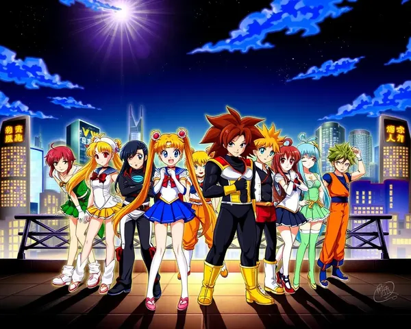 Colorful Anime Fanart Wallpaper: Group Pose with Cityscape