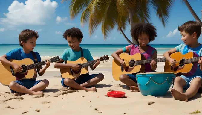 Colorful Beach Kids Play Musical Instruments Together