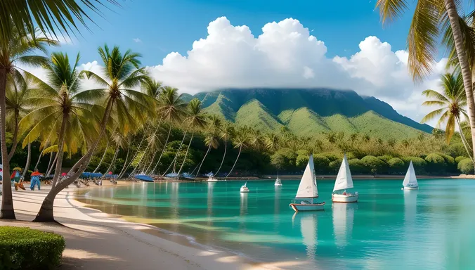 Colorful Beach with Five Vibrationally Decorated Sailboats