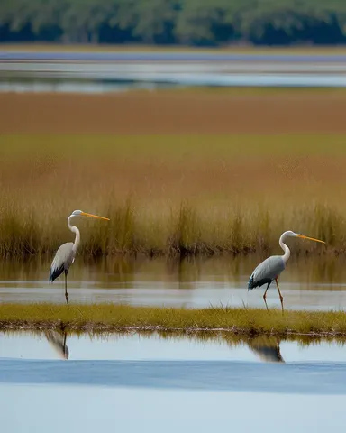 Colorful Birds Wading Through Shallow Murky Swamp for Fish