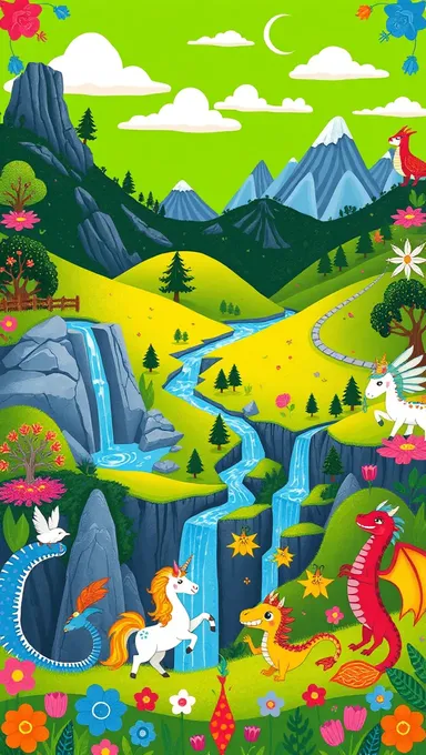 Colorful Border Mythical Creatures on Bright Green Background