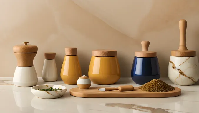 Colorful Ceramic Pestles and Mortars on Marble Countertop
