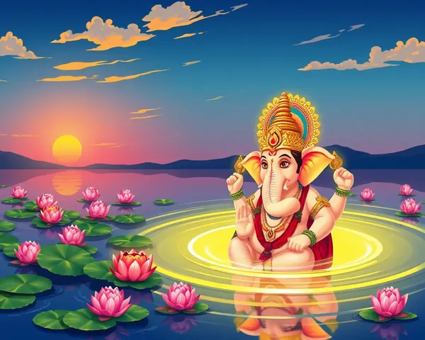 Colorful Ganesh Idol Immersed in Lake with Water Lilies