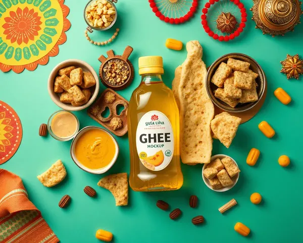 Colorful Ghee Bottle with Indian Sweets and Snacks