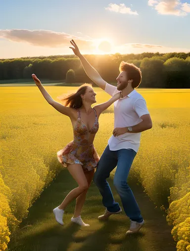 Colorful Girl and Boy Dancing in Field of Wildflowers