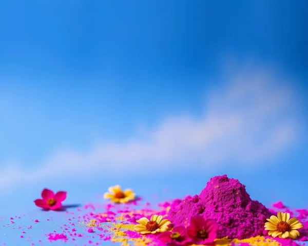 Colorful Holi Powder and Flowers on Blue Background