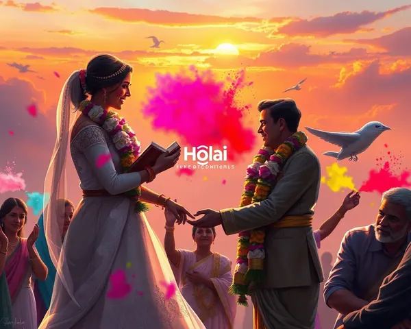 Colorful Holi Wedding Scene with Couple and Friends