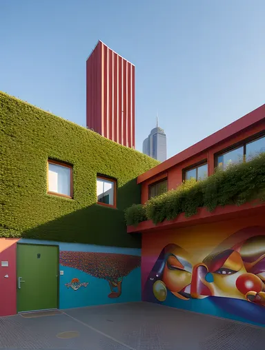 Colorful Hostel Exterior with Green Roof
