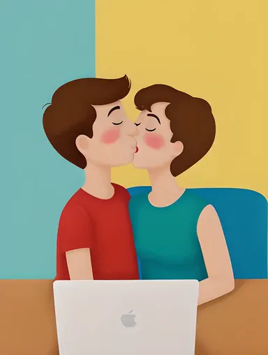 Colorful Illustration of Boy and Girl Kissing with Photo Editor's Tools