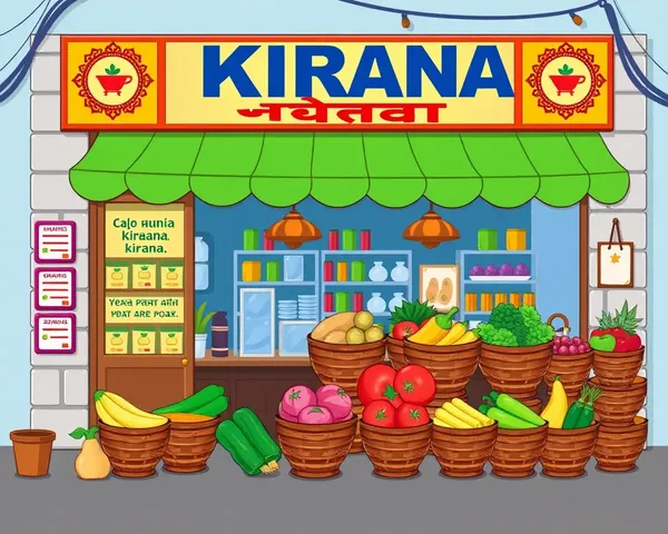 Colorful Indian Kirana Store with Vibrant Signboard and Fresh Produce.