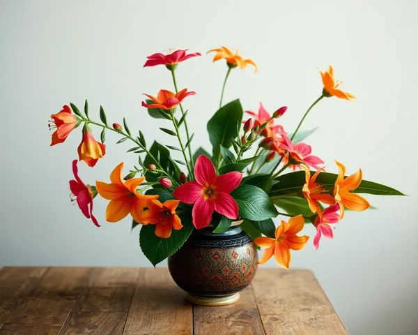Colorful Kaitha Plant Flowers and Leaves in Rustic Vase