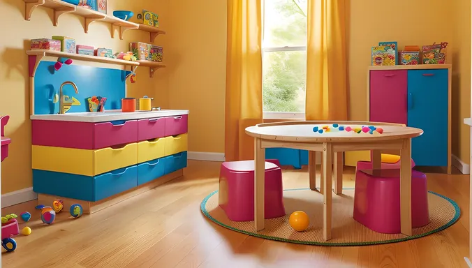 Colorful Kids' Playroom with Plywood Floor and Mini Play Kitchen