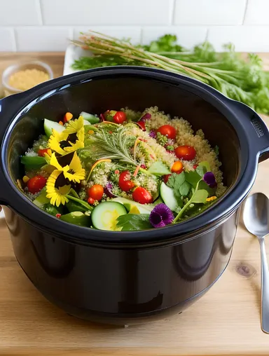 Colorful Quinoa Salad in a Crockpot with Fresh Herbs