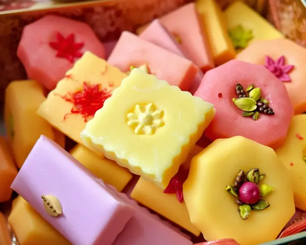 Colorful Soan Papdi Arrangement with Saffron and Pistachio.