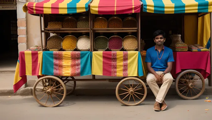 Colorful Street Vendor's Cart with Indian Teenager