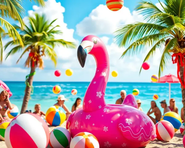 Colorful Tropical Beach Party with Palm Trees and Inflatable Flamingo