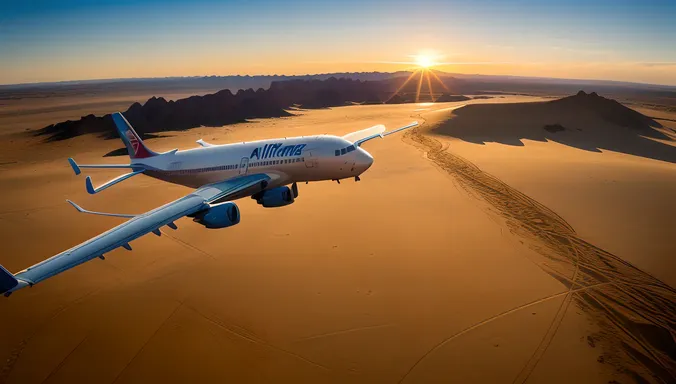 Commercial Airliner Over Desert Landscape at Sunset: Breathtaking