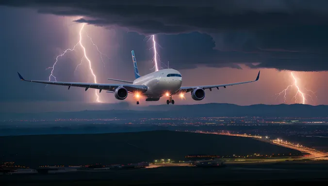 Commercial Airliner in Mid-Air: Dramatic Lightning Illumination