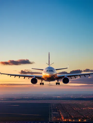 Commercial Pilot Wallpaper HD: Airliner Landing at Sunset with Cityscape