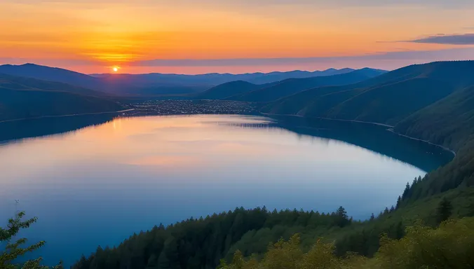 Commercial Plane Over Peaceful Lake at Dawn: Serene